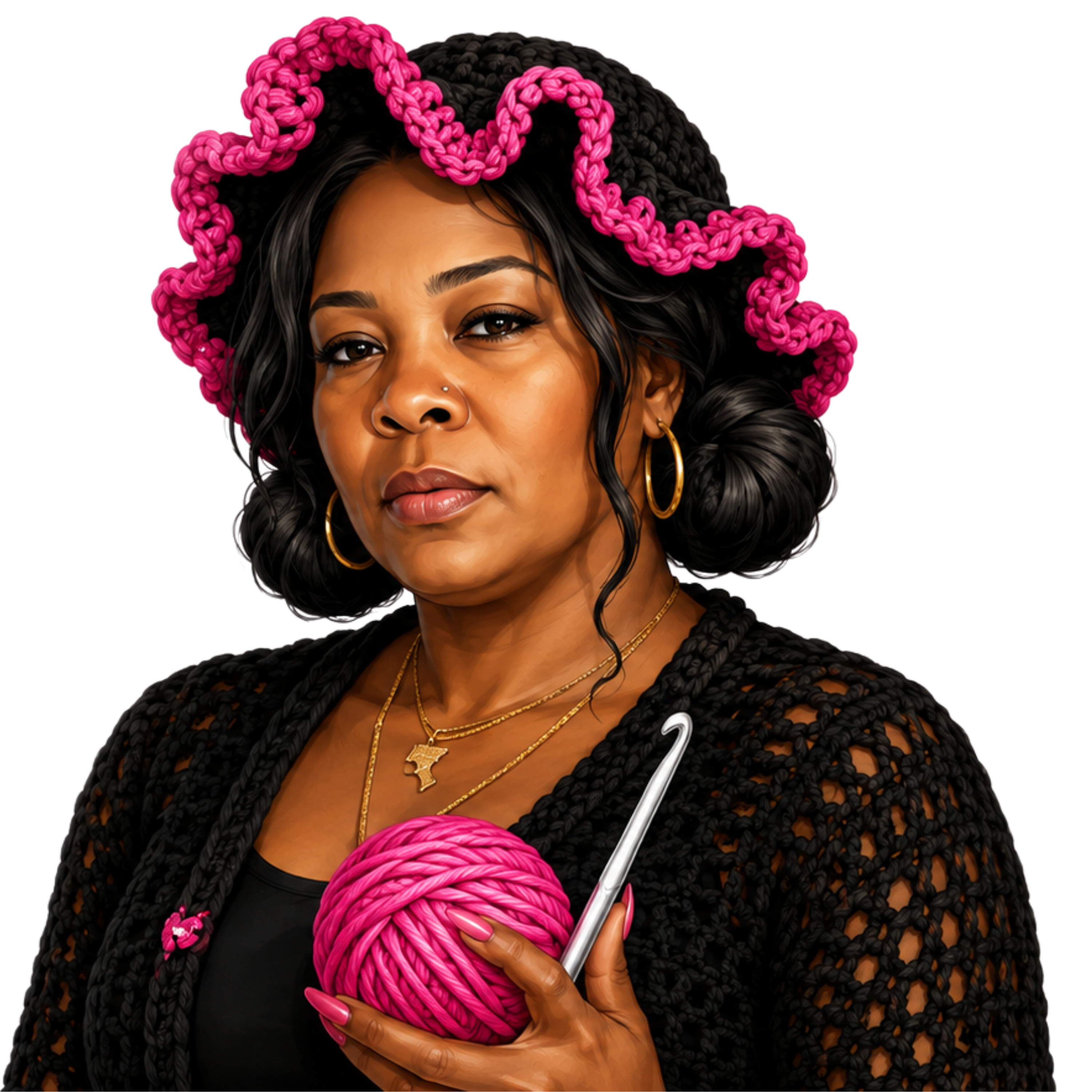 The owner of Bmore’s Crochet Closet holding pink yarn and a crochet hook